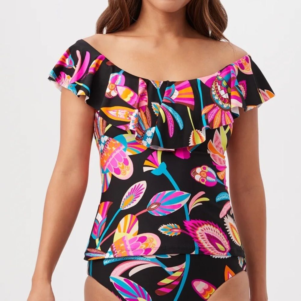 TRINA TURK SWIM Luminary Off-The-Shoulder Ruffle Tankini Swim Top Size Small